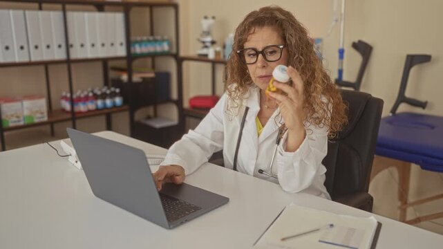 Woman doctor with stethoscope holding prescription bottle and typing on laptop at clinic desk inside building; telehealth medication reassurance.