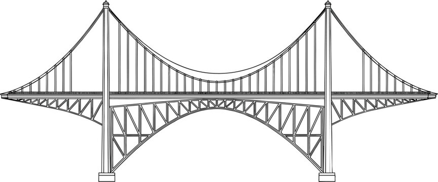 Detailed vector line art illustration of a large suspension bridge with industrial truss and cable architecture.
