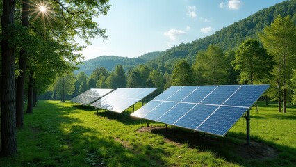 solar panels installed in green forest producing clean alternative energy sustainable power generation integrated with nature environment protection concept of renewable energy industry business