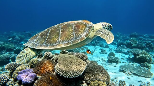 Sea turtle coral reef ocean marine life underwater tropical fish snorkeling adventure graceful sea turtle gliding above vibrant colorful coral reef clear tropical blue sea water wildlife nature