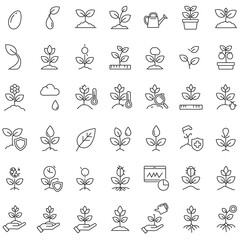 Fototapeta premium Extensive collection of line art icons illustrating plant growth, gardening activities, plant health, and agricultural monitoring, encompassing various stages of plant life and care procedures