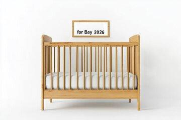 Wooden crib in a bright room, ready for a baby's arrival. A wooden crib sits against a white wall, with sign above it that says 'for Bay 2026'. Image evokes anticipation joy of preparing for new baby