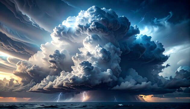 A dramatic depiction of a cumulonimbus cloud system over a vast ocean, with flashes of lightning illuminating the scene