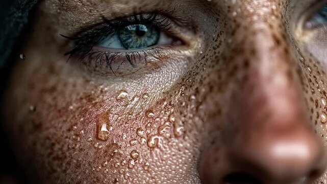 Woman with a blue eye and a red face
