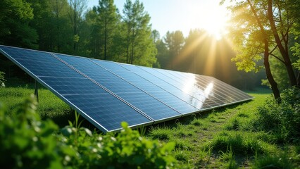 solar panels installed in green forest producing clean alternative energy sustainable power generation integrated with nature environment protection concept of renewable energy industry business