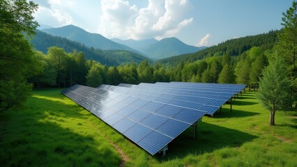 solar panels installed in green forest producing clean alternative energy sustainable power generation integrated with nature environment protection concept of renewable energy industry business