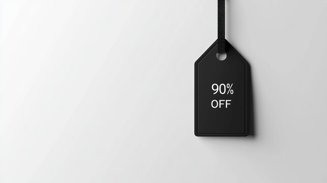 black, minimalistic, blank black label with text "90% off" hanging on a white background, mockup template for design presentation of shopping sales and offers in an e-commerce concept.