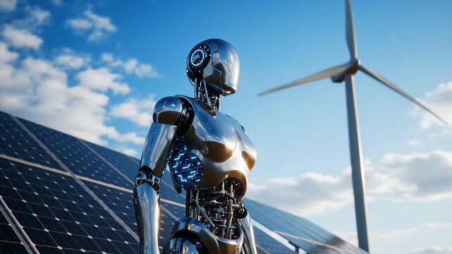 Futuristic robot stands near solar panels and a wind turbine against a blue sky