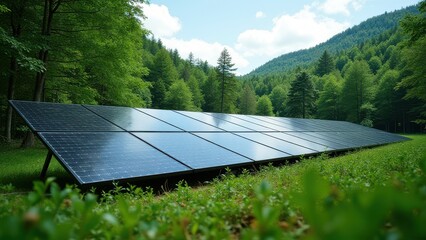 solar panels installed in green forest producing clean alternative energy sustainable power generation integrated with nature environment protection concept of renewable energy industry business