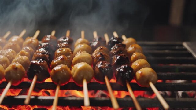 Close-up of Delicious Indonesian Grilled Meatball Skewers (Bakso Bakar) over Hot Coals with Smoke