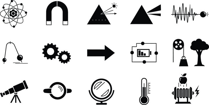 Physics and scientific concept icons collection in simple black and white design