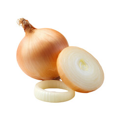 Two brown onions, one whole and one sliced, on black, lit brightly