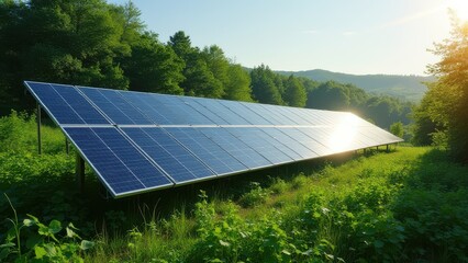 solar panels installed in green forest producing clean alternative energy sustainable power generation integrated with nature environment protection concept of renewable energy industry business