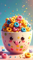 Cheerful Cereal Bowl with Colorful Rings and Playful Design.