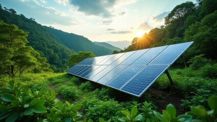 solar panels installed in green forest producing clean alternative energy sustainable power generation integrated with nature environment protection concept of renewable energy industry business