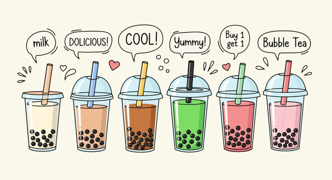 A vibrant and colorful illustration of six different flavors of bubble tea drinks, each with tapioca pearls and a straw, presented in clear plastic cups with playful speech bubbles above.