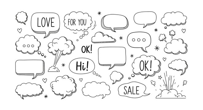 A collection of hand-drawn speech bubbles and thought clouds with various text and symbols, illustrating communication and ideas.