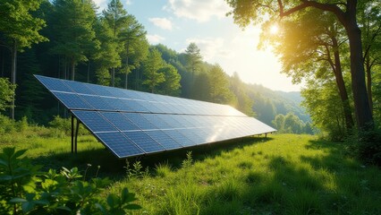 solar panels installed in green forest producing clean alternative energy sustainable power generation integrated with nature environment protection concept of renewable energy industry business
