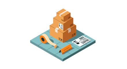 Fototapeta premium Isometric cardboard boxes and packing supplies on grid background