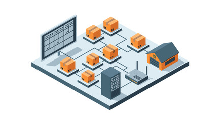 Obraz premium Isometric warehouse management system with networking and inventory automation