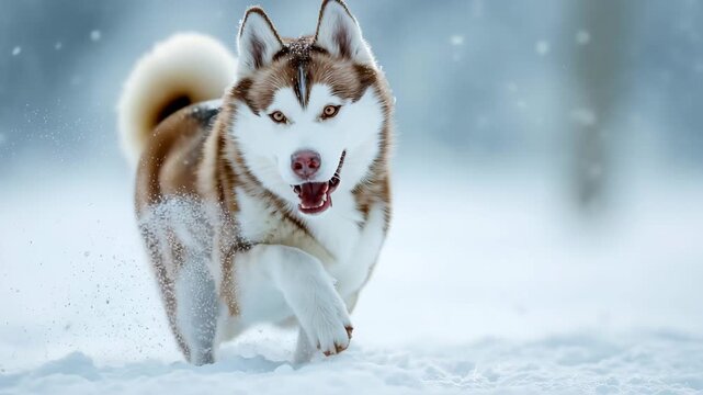 Three brown and white huskies running in snowy forest with blurred background