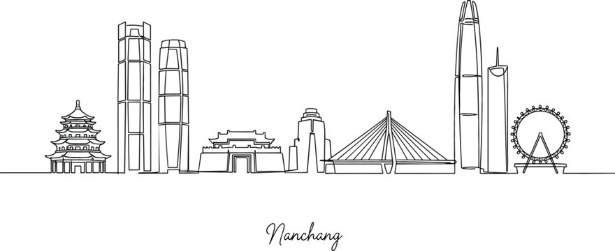 Nanchang city skyline one line drawing vector illustration featuring pagoda skyscrapers ferris wheel and bridge continuous stroke art.