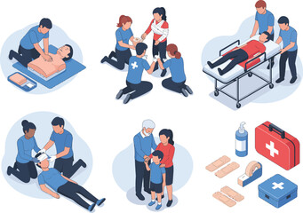 Fototapeta premium First Aid and Medical Assistance Scene Illustrations: CPR, Bandaging, and Ambulance