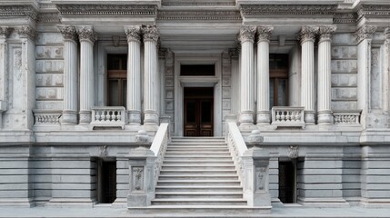 Fototapeta premium Ornate building with columns and stairs leading to a wooden door, showcasing classical architectural details