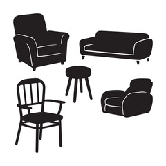 Furniture Silhouette Set Featuring Armchair Sofa Rocking Chair Bench and Wooden Chair Collection.