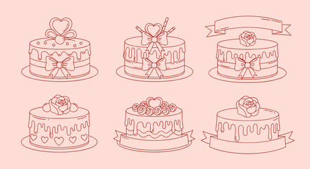 Obraz premium Elegant linear cake designs with roses and bows on pastel background