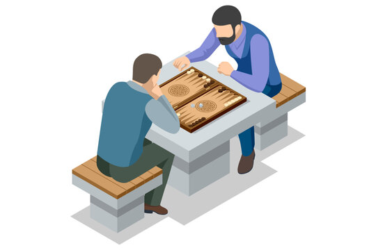 Backgammon board. Isometric backgammon board with chip and dice. Traditional tabletop game concept for strategy, logic and leisure illustration in classic wooden style.
