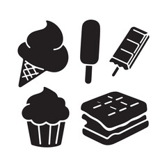  Minimalist dessert and sweet treat icons set ice cream chocolate cupcake silhouette. 