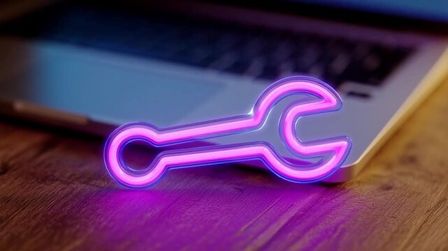 Bright Neon Wrench and Laptop on Wooden Desk in Technology Workspace Setting Generative AI