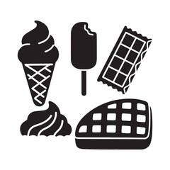  Minimalist dessert and sweet treat icons set ice cream chocolate cupcake silhouette. 
