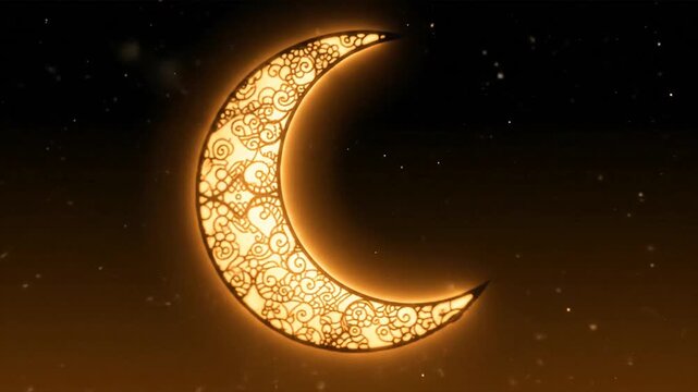Glowing crescent moon with intricate pattern against a starry sky