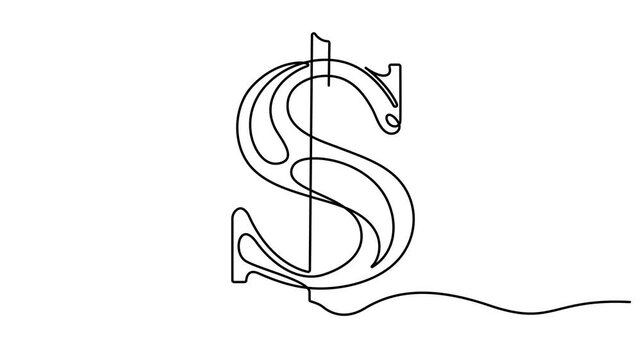 Dollar sign icon one line drawing and isolated continuous outline vector illustration. Dollar Tattoo with dollar sign, Full length 4k animation video.