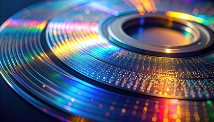 Close-up of a shiny compact disc with rainbow reflections.