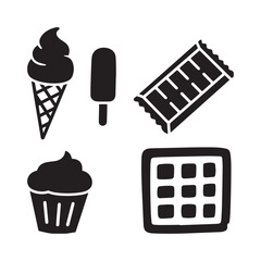  Minimalist dessert and sweet treat icons set ice cream chocolate cupcake silhouette. 