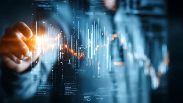 Businessman analyzing stock market data on a futuristic interface with glowing graphs
