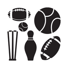 Sports Equipment Silhouettes Set Featuring Balls Wickets Bowling Pin Stumps and Protective.
