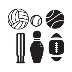Sports Equipment Silhouettes Set Featuring Balls Wickets Bowling Pin Stumps and Protective.