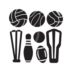 Sports Equipment Silhouettes Set Featuring Balls Wickets Bowling Pin Stumps and Protective.