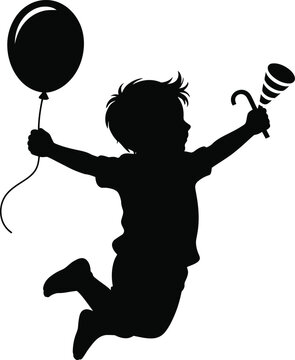 Child celebrating with balloon and noisemaker