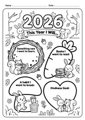 2026 goals cute doodle art illustation for New Year reset and new beginning