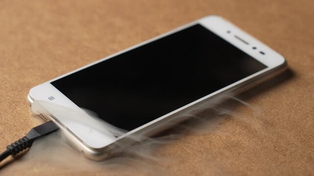 Overheated smartphone emitting smoke while charging on a table. Concept of battery failure, device damage, and technology risk. High-quality cinematic 4K footage