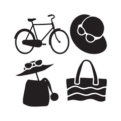  Summer lifestyle icons set bicycle hat sunglasses beach bag silhouette collection. 