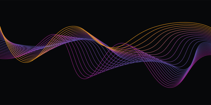 Neon flowing wavy lines on black background. Abstract sound wave design for ai concept, equalizer, audio record, voice assistant. Blue, pink orange gradient curve stripes. Vector wallpaper