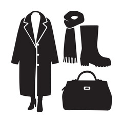Winter Fashion Silhouettes Set Featuring Coat Scarf Overcoat Boot and Handbag Accessories Collection