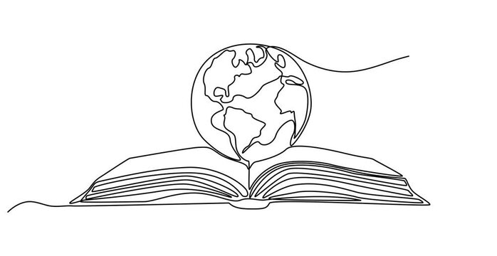 Animated self drawing of Continuous line drawing open book with Earth globe. World knowledge concept. Vector illustration isolated on white.