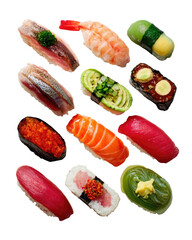 Assorted colorful sushi nigiri pieces arranged on black